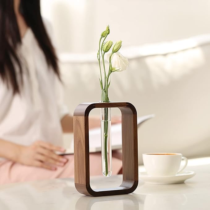 Transprent Glass Vase Test Tube Vase Hydrophilic Plants Vase Plant Holder Walnut Wooden Frame Flower Stand Table Garden Bonsai Decor,Gifts for Women, Home Office Decor Planter (Small)