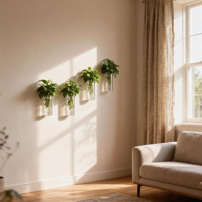 Wall Planters for Indoor Plants, 4 Pack Glass Wall Planters for Propagation, Hanging Terrarium Planters with Hooks for Hydroponic Plants, Flowers, Home Office Bathroom Decor