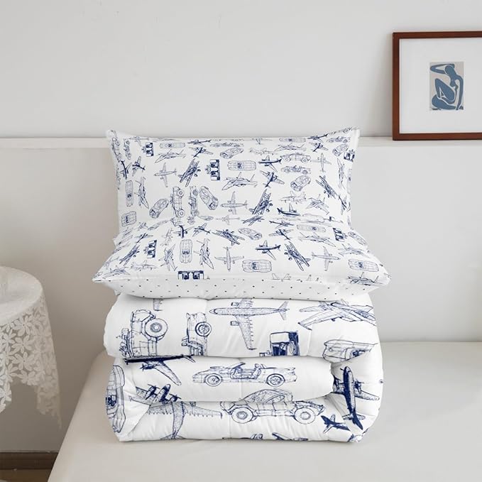 Feelyou Aircraft Bedding Set Kids Airplane Print Comforter Set Boys Girls Decor Aircraft Flying Comforter Cover Set Microfiber Sketch Style Blue White Duvet Set Bedroom Quilt Set Full Size