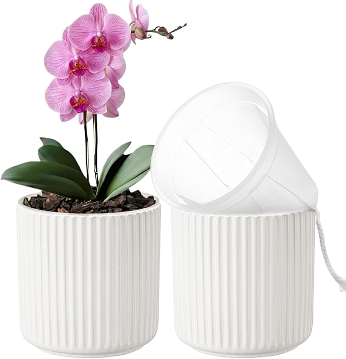 2 Pack of 5in Ceramic Cachepot with 5 inch Clear nusery Pot - self Watering Indoor Planter with Drainage for Root Visibility,semi Hydro pots for repotting Orchid,White