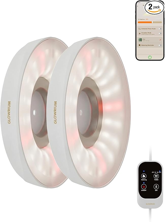 GLOWRIUM Grow Lights for Indoor Plants, Full Spectrum Puck Grow Light with Manual & APP Control, 16W(2 x 8W) Plant Lamp Auto-Timer, Plant Assistant 10 Levels Dimmable for Plant Shelf (2 Packs,White)