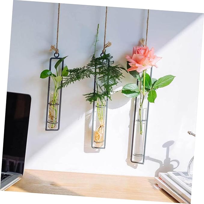 Hanging Glass Hydroponic Vase Set 3pcs with Test Tubes and Iron Frames, Wall-Mounted Plant Propagation Station for Home Décor and Garden Display, Includes 3 Hemp Ropes and 3