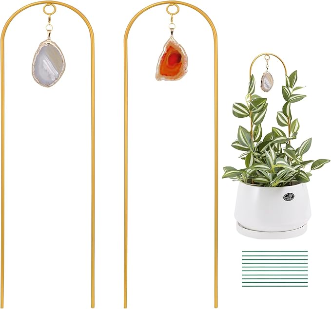 2PCS Small Plant Gold Trellis Indoor, Mini Metal Houseplant Decor Support for Potted Ivy Vine, Boho Garden Decorative Pot Climber with Agate for Climbing Hoya Pothos Philodendron Gift