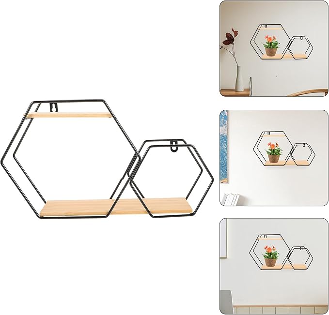HOMSFOU Hexagon Wall Shelves Floating Wood and Metal Wall Mounted Storage Shelf Black Geometric Display Rack for Bedroom Home Décor Planter Pot Holder