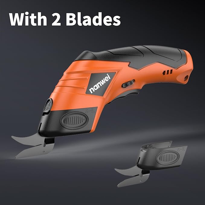 NANWEI Electric Scissors Cordless, Type-C Rechargeable Cardboard Cutter with 2 Blades, 4.2V High‑torque Motor, for Fabric Carpet Leather (Orange)