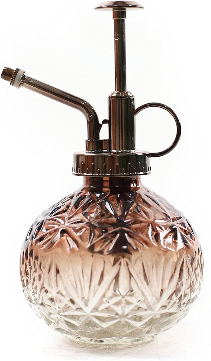 Hniuyun Glass Plant Mister Spray Bottle, 6.5inch Tall Vintage Round Spritzer with Bronze Plastic Top Pump for Watering Your Garden (Brownish White Gradient)