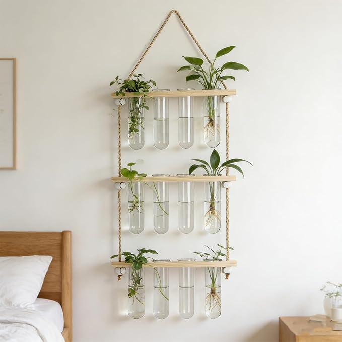 12 Tubes Hanging Plant Propagation Station, 4-Tier Wall Mounted Wooden Plant Stand with 3cm Large Shatterproof Plastic Tubes for Pothos Plant Cuttings, Indoor Window Decor & Gifts for Plant Lovers
