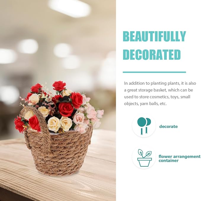 Alipis Seagrass Basket Planter Woven Flower Pots 2pcs 15cm Rattan Storage Basket Plant Container Straw Flower Pot for Indoor and Outdoor Plants