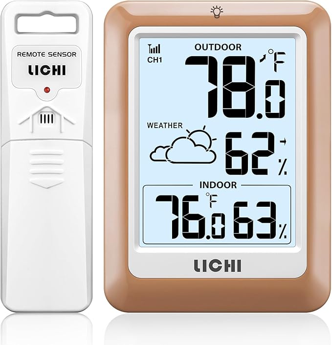 Indoor Outdoor Thermometer Wireless Weather Station, Internal External Thermometer Hygrometer, Home Batteryoperated Temperature Humiditymonitors330 Feet (About 100 Meters) Backlight Display (Khaki)