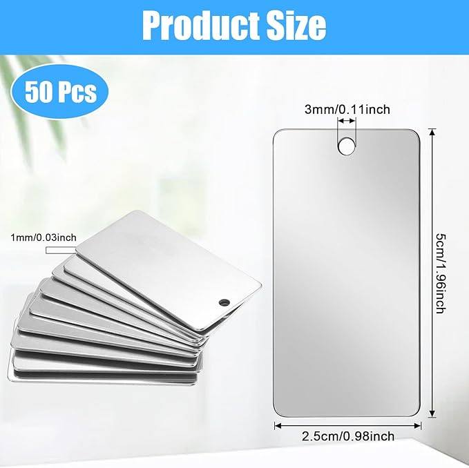 50 Pack Stainless Steel Laser Engraving Blanks Stamping Blanks Rectangle DIY Craft Metal Blank Dog Tags Personalized Keychain Pendants, 1 Inch x 2 Inch