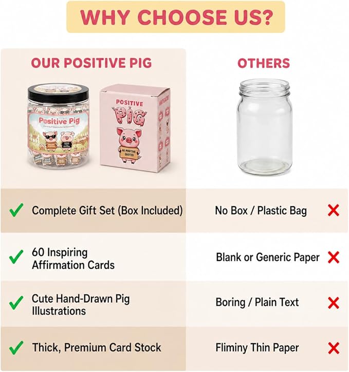 Positive Pig Jar With 60 Daily Affirmation Cards, Gifts For Sister, Daughter Birthday Gift, Pig Present For Pig Lovers Women Girls Men Teens Kids, Christmas Pig Decorations For Home, The Pink Stuff