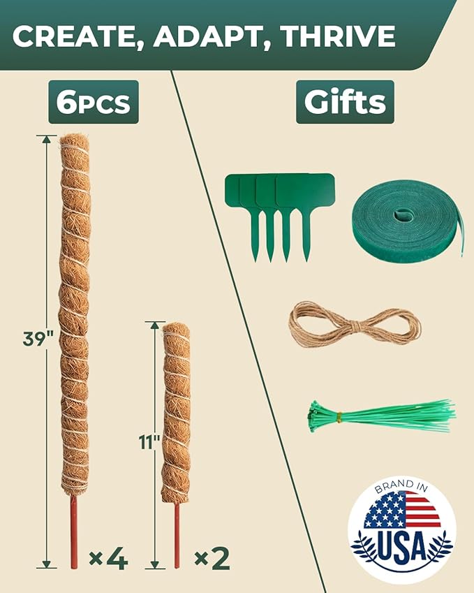 6 Pcs Moss Poles for Climbing Plants, 4 Pcs 39" & 2 Pcs 11" Tall Bendable Coco Coir Trellis Stakes - Indoor Plant Support for Monstera, Pothos- Handmade Moss Sticks for Potted Houseplants