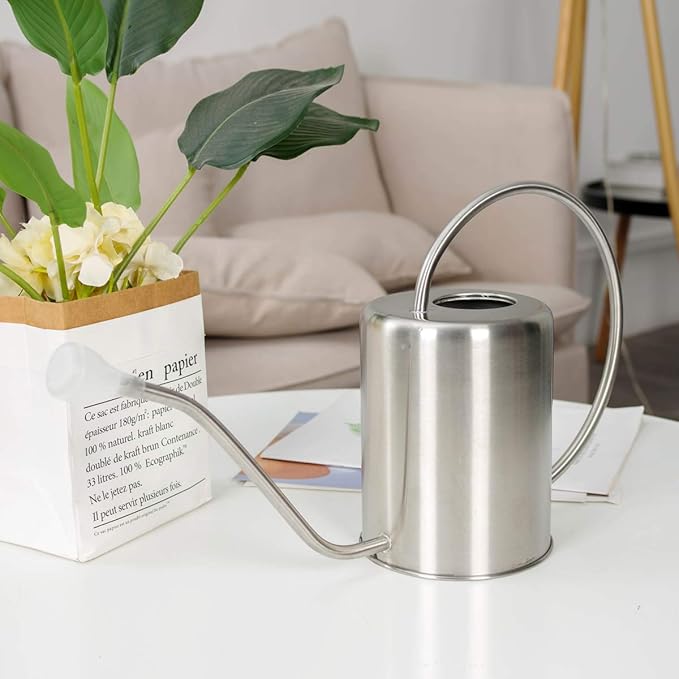 Stainless Steel Silver Colored Watering Can 1/2 Gallon Long Spout Watering Pot for Indoor Plant Watering or Outdoor Gardening with 2Pcs Removable Spray Spout for Flowers