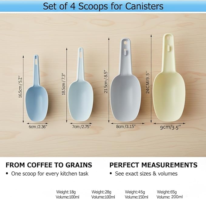 Nesting Kitchen Scoops for Ice Cubes Set of 4, Multi-Purpose Food Scoops for Dry Goods, Flour & Coffee Beans, Plastic Measure Scoops for Pet Food Durable & BPA-Free, Stackable for Easy Storage