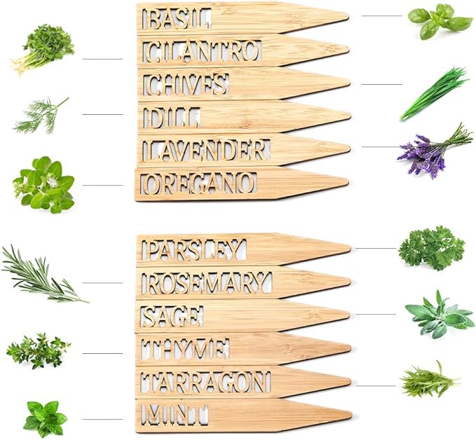 Bamboo Herb Markers - Set of 12 Beautiful Garden Labels - Sturdy Outdoor Garden or Potted Herb Markers