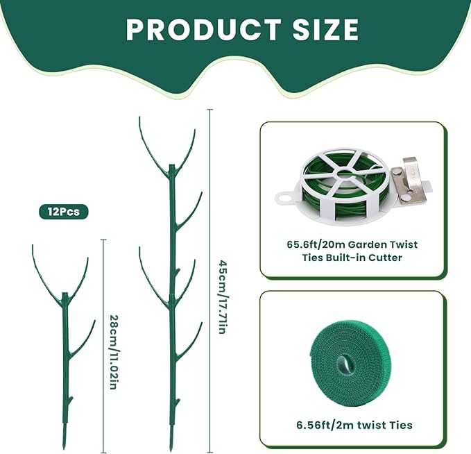 Decorative Stackable Twig, Plant Support Frame & Cage Support Rings, Plant Holder Stick Moss Pole, Twig Trellis with 12 Poles for Indoor Outdoor and Potted Plants Flower Other Climbing Plants