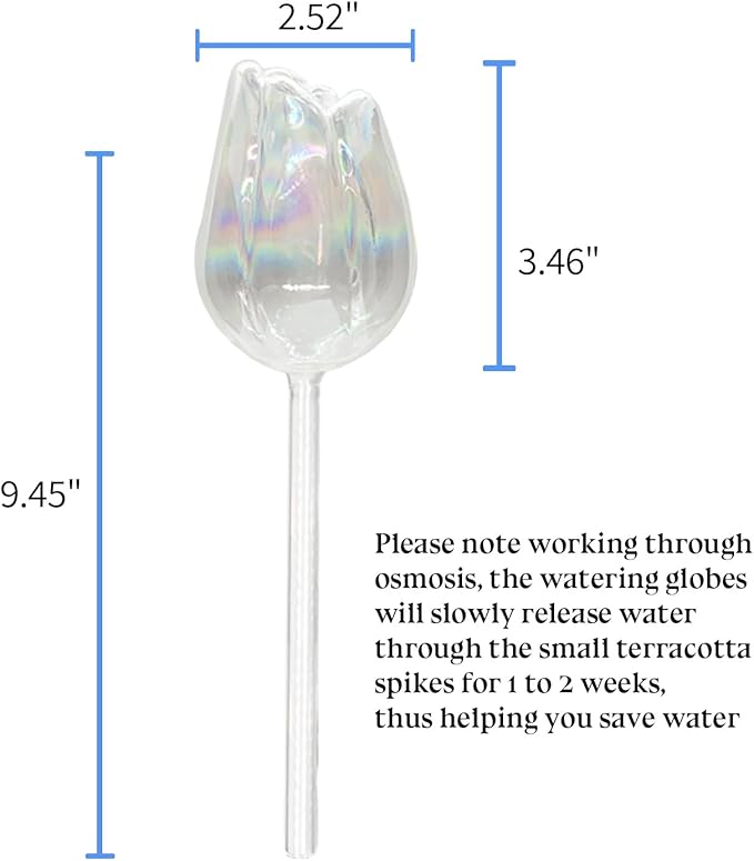 HyJeryty 3 Pack Non-Clogging Iridescent Tulip Plant Watering Globes with Terracotta Spikes, Hand Blown Glass Self Watering Planter Insert Plant Watering Devices Bulbs for Indoor and Outdoor Plants
