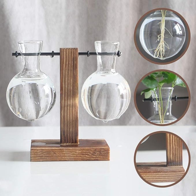 Glass Test Tube Holder in Wooden Stand, Hydroponic Vase, Indoor Desktop Plant Terrarium, Glass Flowerpot with Vintage Wood Frame Holder for Hydroponic Plant Family Garden Wedding Decoration(A3)