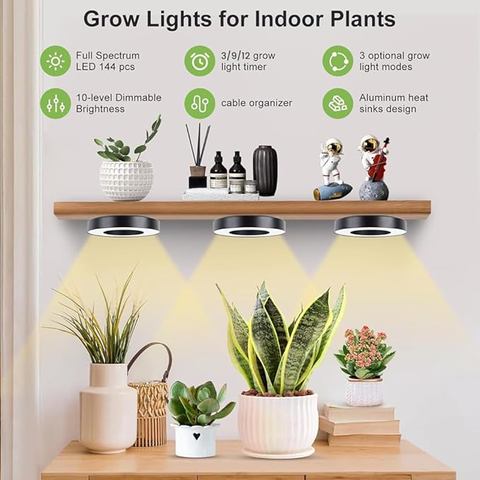 Tri Head (3.5in) Grow Lights for Indoor Plants, 144 LEDs Full Spectrum LED Plant Grow Light, 5V/3A Under Cabinet Grow Lamp with Auto Timer 3/9/12 Hrs, 10 Lighting Mode, 5 Brightness Levels