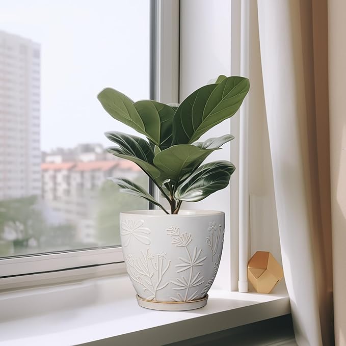 MPotTo 8 Inch Ceramic Pots for Plants Large Planter Pot with Drainage Hole and Saucer Round Flower Pot for Indoor Outdoor Decor, White
