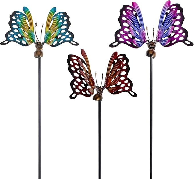 3 Pack Butterfly Decorative Garden Stakes,Metal Openwork Colorful Butterflies Yard Art Garden Stakes for Outdoor Lawn Pathway Patio Plant Pot Flower Bed Ornaments