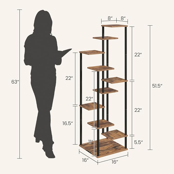 Yzosvki 10 Tier Plant Stand Indoor, Tiered Corner Plant Shelf Flower Stand for Living Room, Balcony, Patio, Garden, Rustic Brown