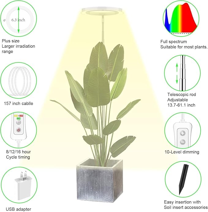 yadoker LED Growing Light, Full Spectrum for Indoor Plants, Paired with a Soil Tester,Height Adjustable, Automatic Timer, Low Safe Voltage, Ideal for Large Plants