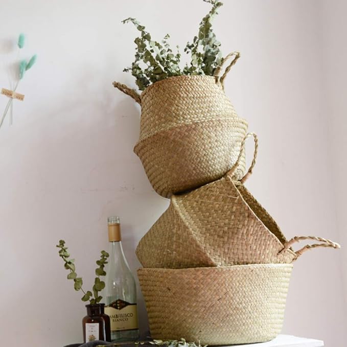 Daxin Seagrass Wickerwork Basket,Rattan Foldable Hanging Flower Pot Planter,Woven Dirty Laundry Basket, Storage Basket Home Storage Decor Basket
