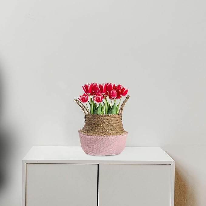 Toyvian Woven Seagrass Flower Basket with Handle, 27cm Diameter Decorative Plant Pot for Home Gardening and Living Room Storage, Foldable Pink Rattan Planter for Indoor Use