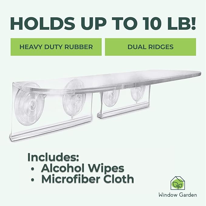 Window Garden Double Veg Ledge - Window Shelf for Plants, Clear Acrylic Shelves - Suction Cup Indoor Plant Holder - Glass Window Sill Extender for Microgreens Kit, Seed Starter Pots, Planters (2 Pack)
