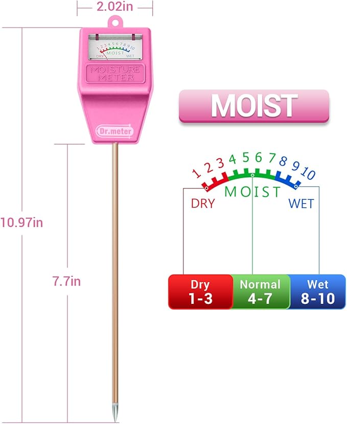 Dr.meter Soil Moisture Meter Tester for Plants, Hygrometer Moisture Sensor for Houseplants Indoor Outdoor Garden Lawn Use - Plant Water Meter Gauge Test Kit, No Battery Needed - Gardening Gifts, Pink
