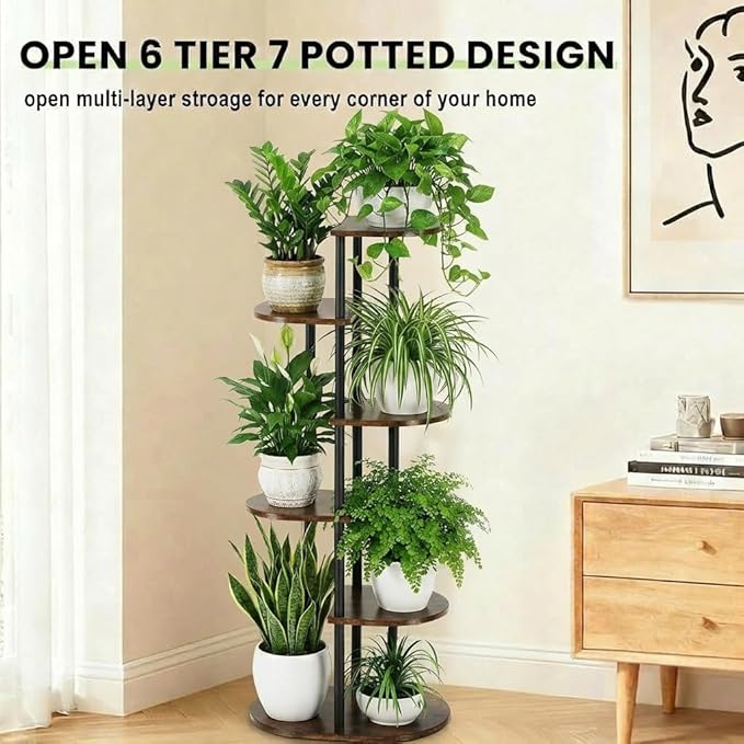 Tiered Plant Stand Indoor, Tall 6 Tier 7 Potted Wooden Plant Shelf for Multiple Flower Plants, Multi Corner Metal Plant Holder Indoor for Patio Garden Patent Design Living Room Balcony Bedroom, Rustic Brown