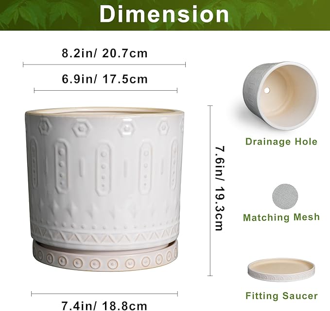 Eightpot 8 Inch Plant Pot, Ceramic Planter for Indoor Plants Outdoor, Round Planter with Drainage Hole and Tray, Boho Flower Pot, Decorative Pots for Plants, Home Decor, Plant Lover Gifts, White