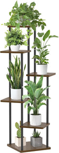 Oppro 6 Tier Plant Stand Indoor Outdoor, Tall Metal Wood Muti-Level Planter Shelf Holder, Sturdy Large Vertical Corner Orchid Flower Pot Display Rack for Narrow House Decor Office Living Room Bedroom, Oak