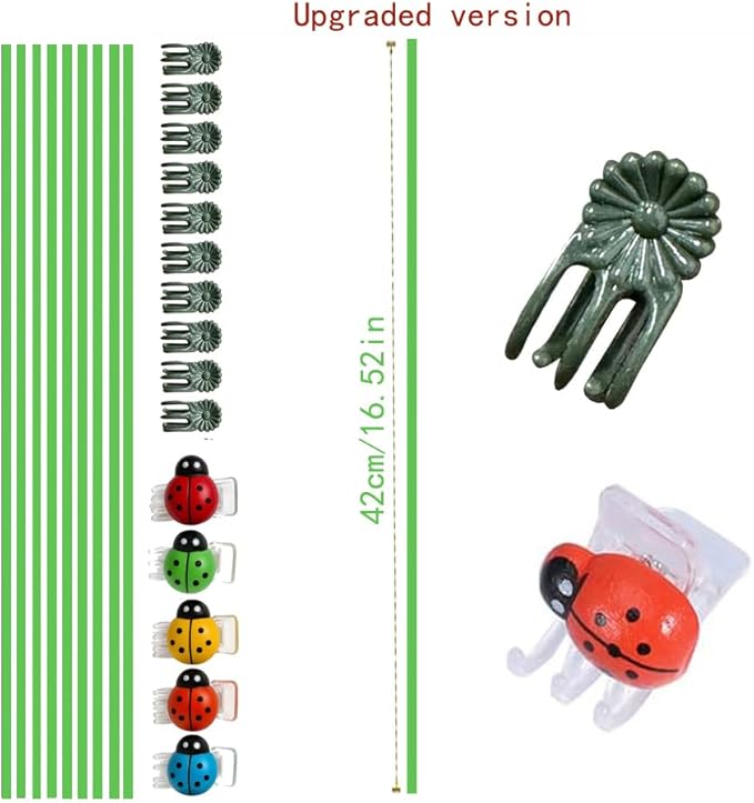 16.5 Inch Plant Stakes - 10 Pcs Bendable Orchid Stakes Green with 10 Clips & 5 Adorable Ladybug Clips for Indoor Outdoor Potted Plants, Orchids, Tomatoes, Flowers Gardening