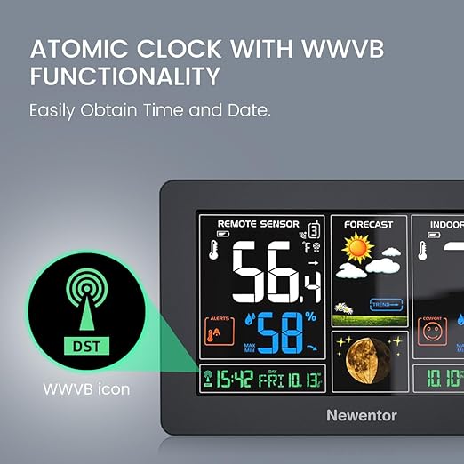 Newentor Weather Station Wireless Indoor Outdoor Thermometer, Color Display Digital Weather Thermometer with Atomic Clock, Barometric Pressure, Forecast Station with Adjustable Backlight,Black,3Sensor