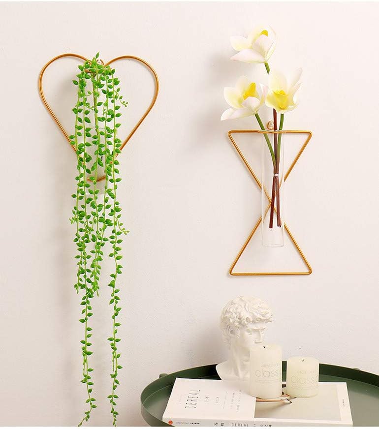 Nordic Wall Vase Hanging Geometric Gold Flower Vase Wall Mount Metal Frame Vases Hydroponic Glass Bud Vase Decor for Home Wedding Farmhouse