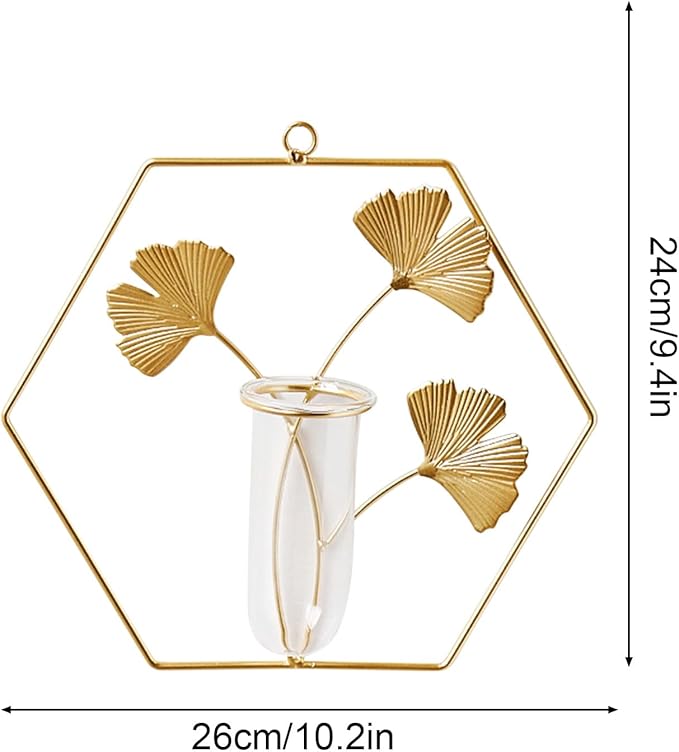 Gold Wall Decor Flower Tubes Geometric Metal Vase Hydroponic Planter with Leaf Decoration, Hexagon Shape
