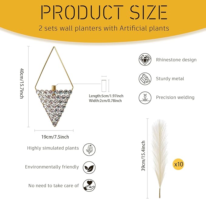 2 Pcs Boho Wall Decor Hanging Planters with Artificial Pampas Bling Jeweled Wall Mounted Metal Wall Decor Modern Home Decor Display Wall Art for Bedroom Bathroom Living Room
