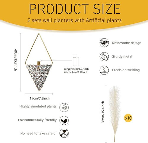 2 Pcs Boho Wall Decor Hanging Planters with Artificial Pampas Bling Jeweled Wall Mounted Metal Wall Decor Modern Home Decor Display Wall Art for Bedroom Bathroom Living Room