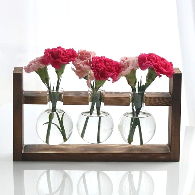Kingbuy Glass Plant Terrarium with Retro Wood Stand – 3 Bulbs Propagation Station, Indoor Garden Planter & Bulb Vase, Desktop Decor for Home Kitchen Wedding, Gift for Women and Plant Lovers