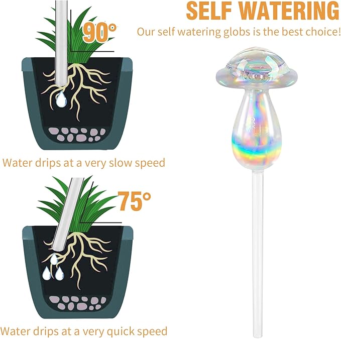 Rainbow Plant Watering Globes, Rainbow Gradient Color Plant Watering Bulb Devices,Mushroom Self Watering Spikes Iridescent, Pack of 4