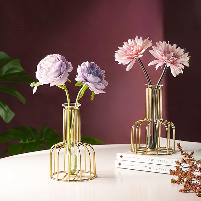 Ivymei 2 Pack Table Flower Vase,Gold Geometric Metal Frame Clear Glass Tube Bud Vase Hydroponic Plants,Gold Vase Decorative for Flower,Weddings,Centerpiece,Party,Home(Gold 8)