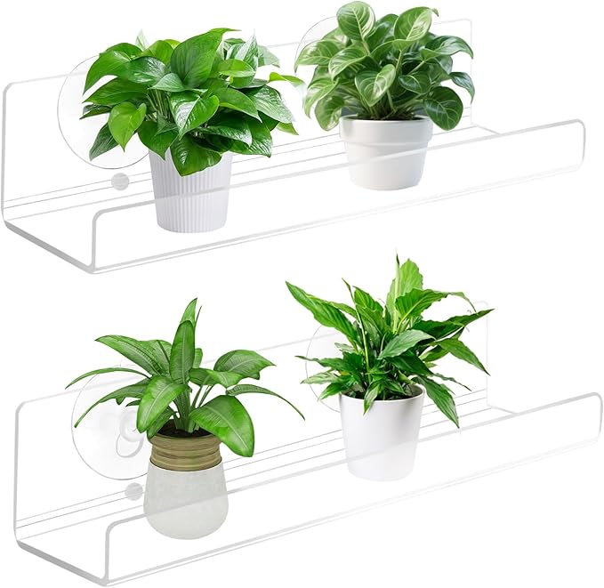 2 Pack Window Plant Shelves, 9 Inch Acrylic Suction Cup Shelf, Window Sill Extender for Indoor Succulents, Herb Planters, Micro Greens, Bathroom Organizer