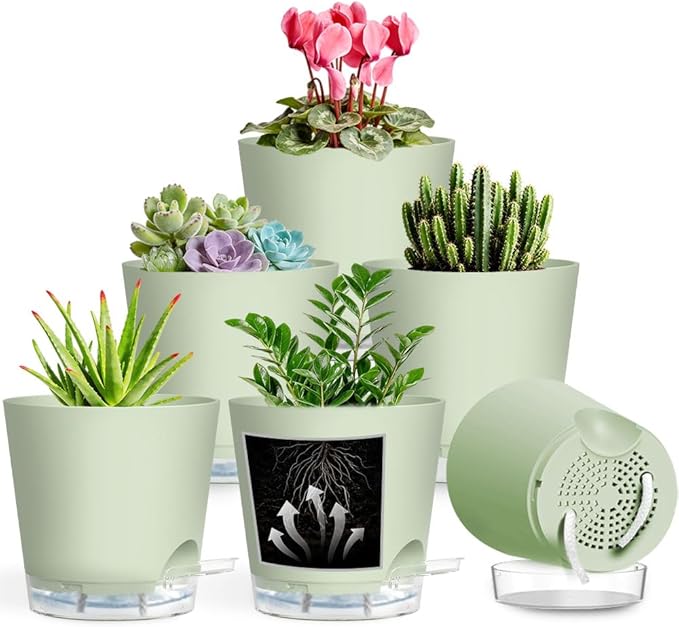 Self Watering Pots for Plants, 2026 New Flower Plant Pots with Drainage Holes, Wicking and Clear Reservoirs for Succulent, Aloe, Cacti and Others - 6 Pack (Green, 4")