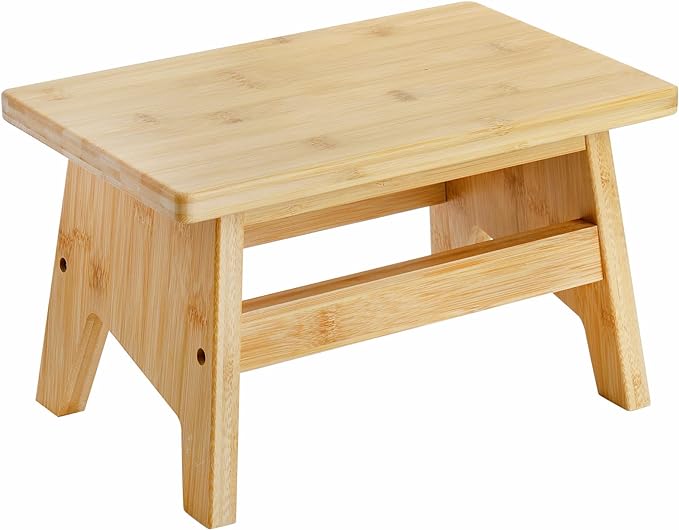Lyellfe Bamboo Step Stool, Non-Slip One Step Stool, Potty Training Stool, Portable Sturdy Bedside Stool for High Beds, Support up to 300lbs, Easy Assembly