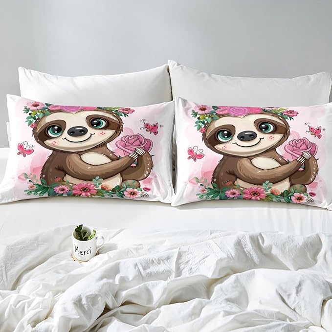 Feelyou Sloth Bed Sheets Set Queen Sheets for Girls Kids Children Cute Animal Pattern Fitted Sheet & Flat Sheet Super Soft Rose Floral Flowers Bedding Set Cartoon Sloth Decor Bed Sheet Set 4 Pcs