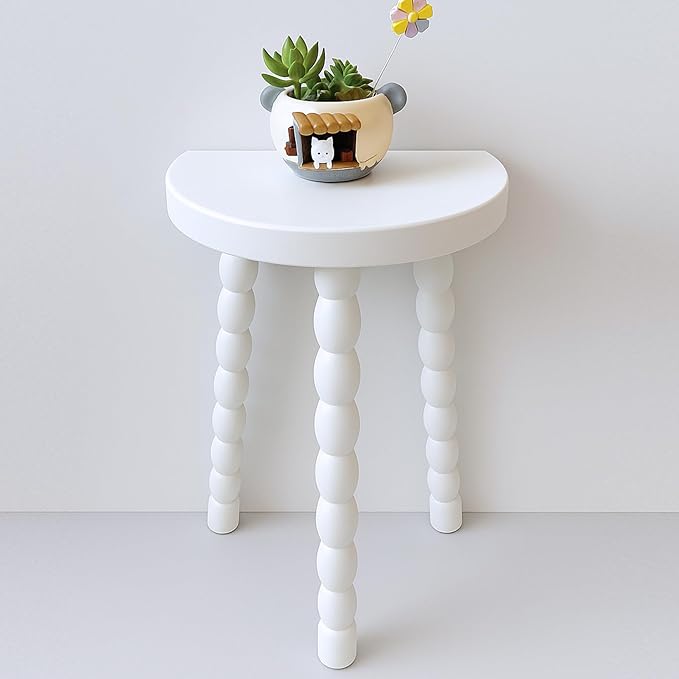 LitaEther Wooden Bobbin Side Table - Plant Stand - Half Round Table - Wooden Accent Stool- Minimalist Decorative Table for Bedroom, Hallway, Living Room (1, White)