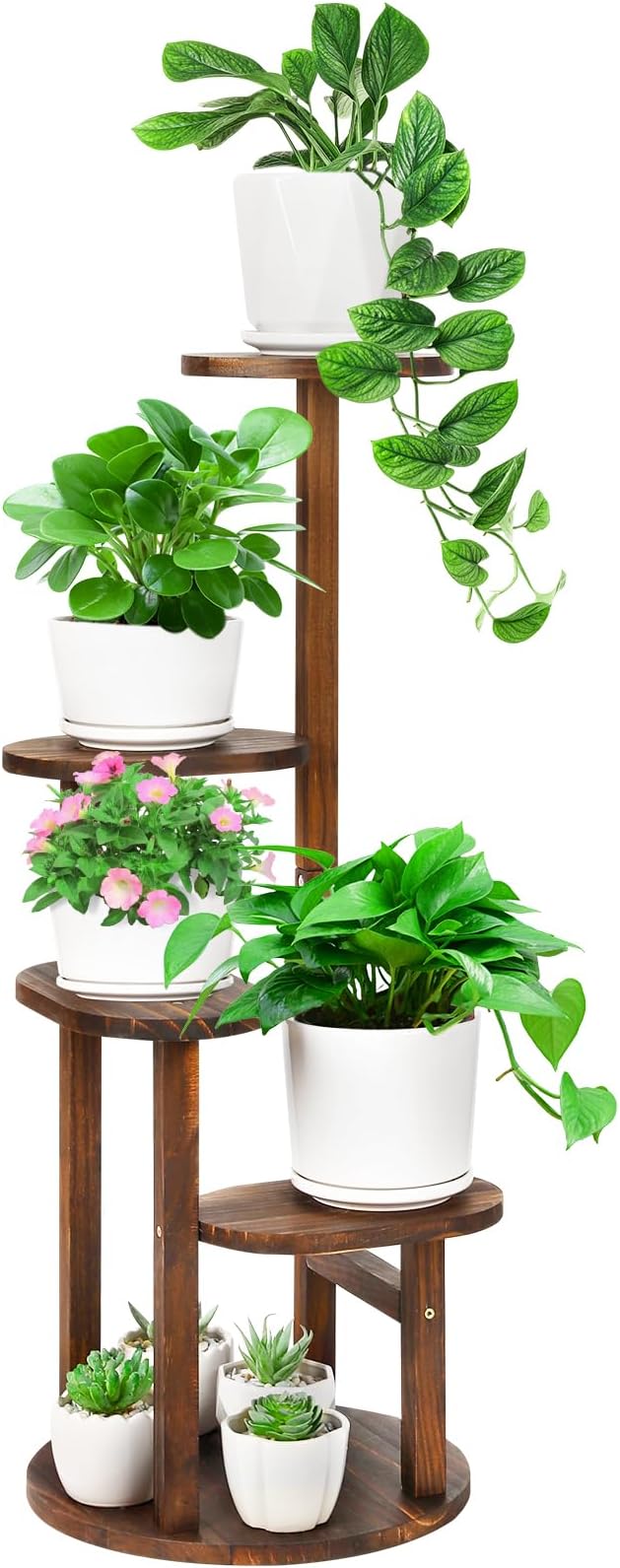 4 Tier Tall Plant Stand Indoor, Wood Corner Plant Shelf for Multiple Plants, Sturdy Oval Tiered Flower Pot Holder Display Rack for Living Room Balcony Patio, Carbonized Pine Wood