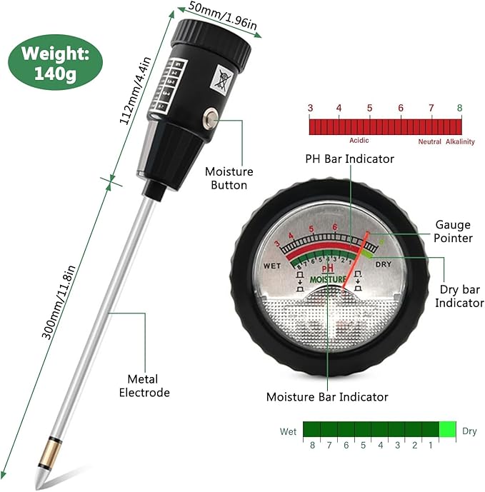 2 in 1 Soil PH Meter Soil Moisture Sensor Meter Soil PH Tester Soil Test Kit Gardening Tool for Indoor Outdoor Plant Garden Lawn Farm Waterproof Metal Electrode 295mm Long